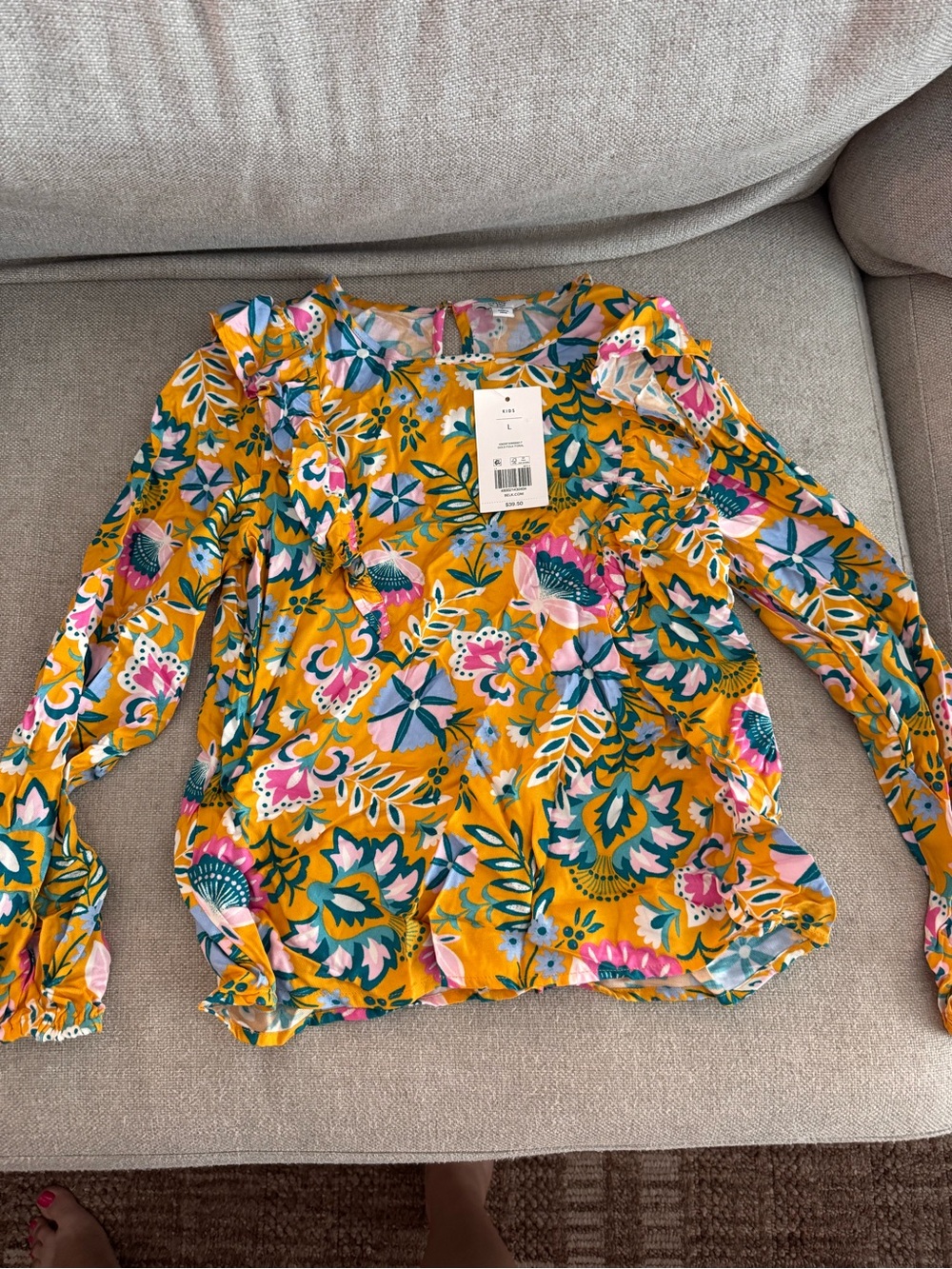 Crown Floral Ruffle Long-Sleeve Top - Mustard Yellow with Pink & Green